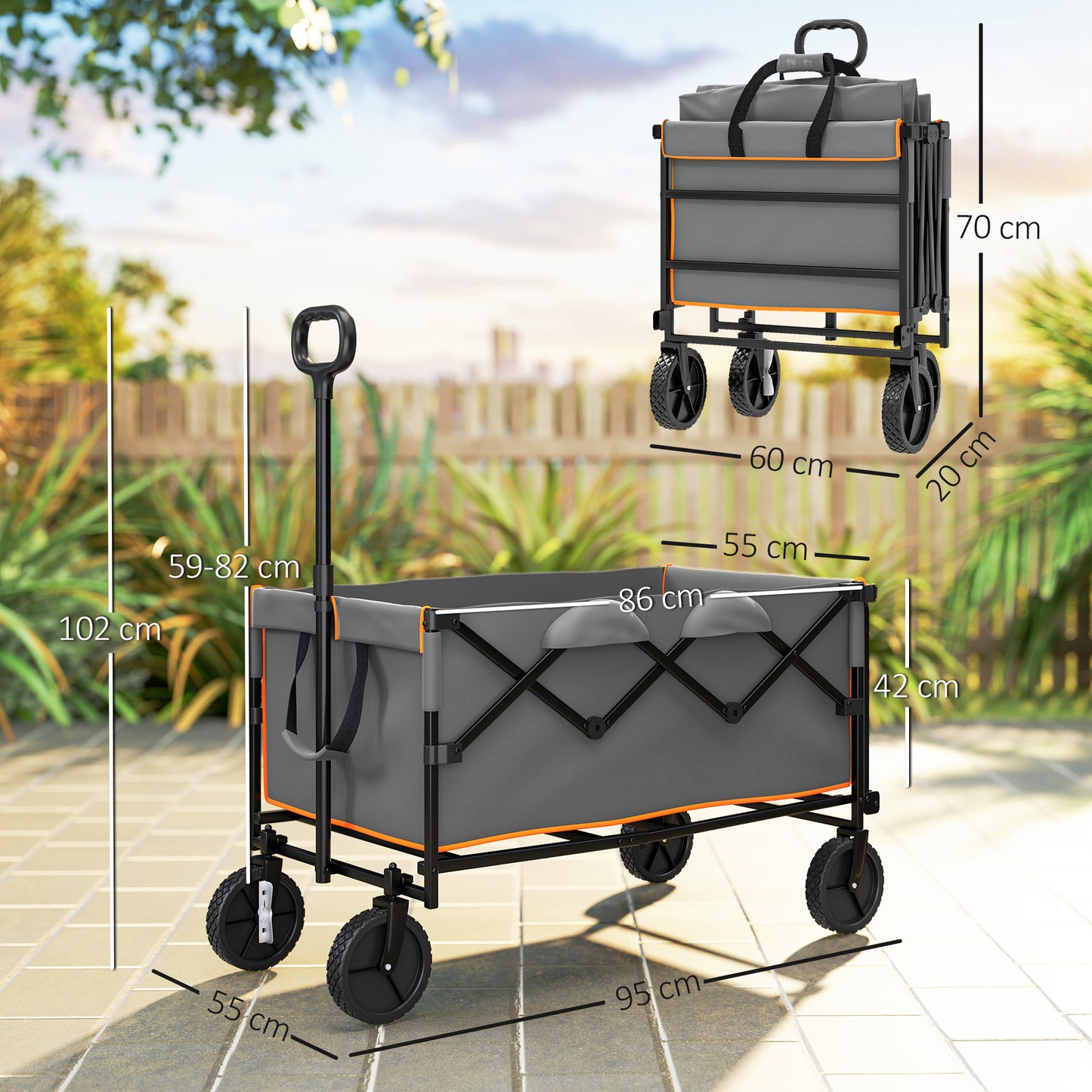 160L Folding Trolley Cart w/ Adjustable Handle, Grey and Orange