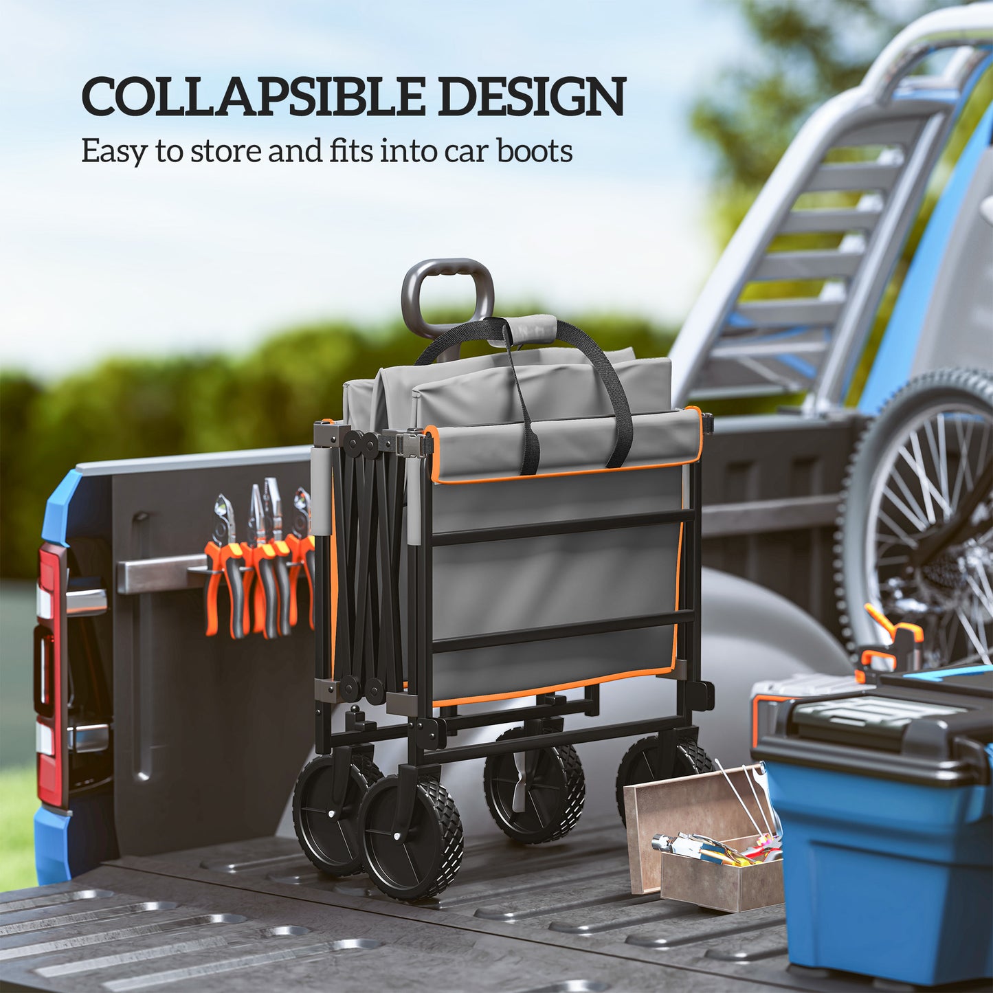 160L Folding Trolley Cart w/ Adjustable Handle, Grey and Orange