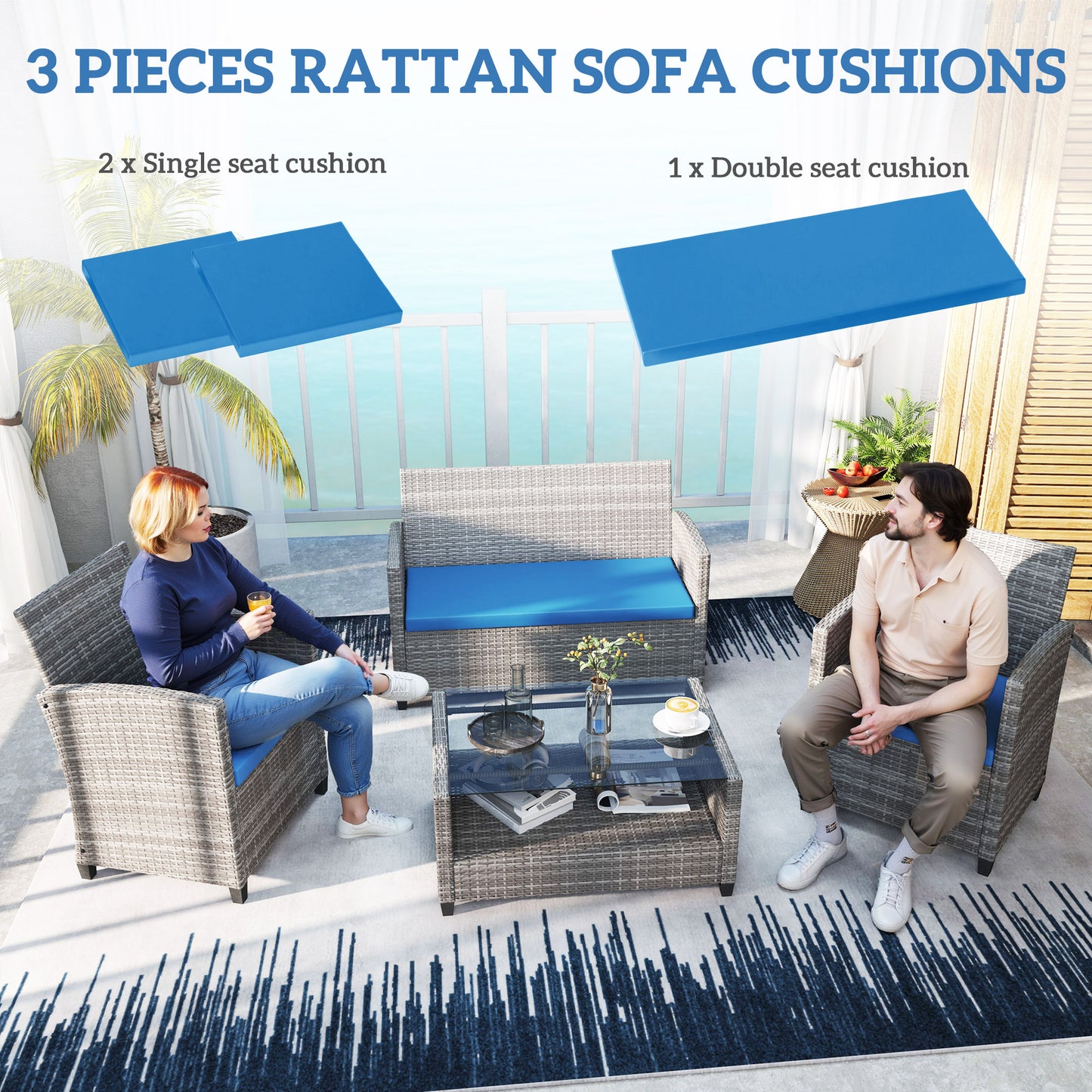 3PCs Rattan Garden Seat Cushions Pads for Patio Furniture Sky Blue