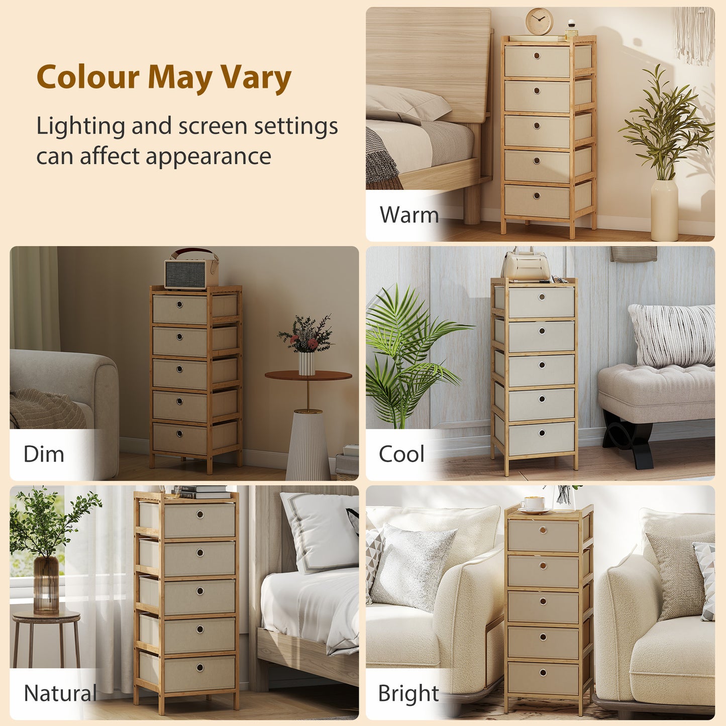Chest of Drawers, 5 Drawers Dresser with Bamboo Frame, Cream White