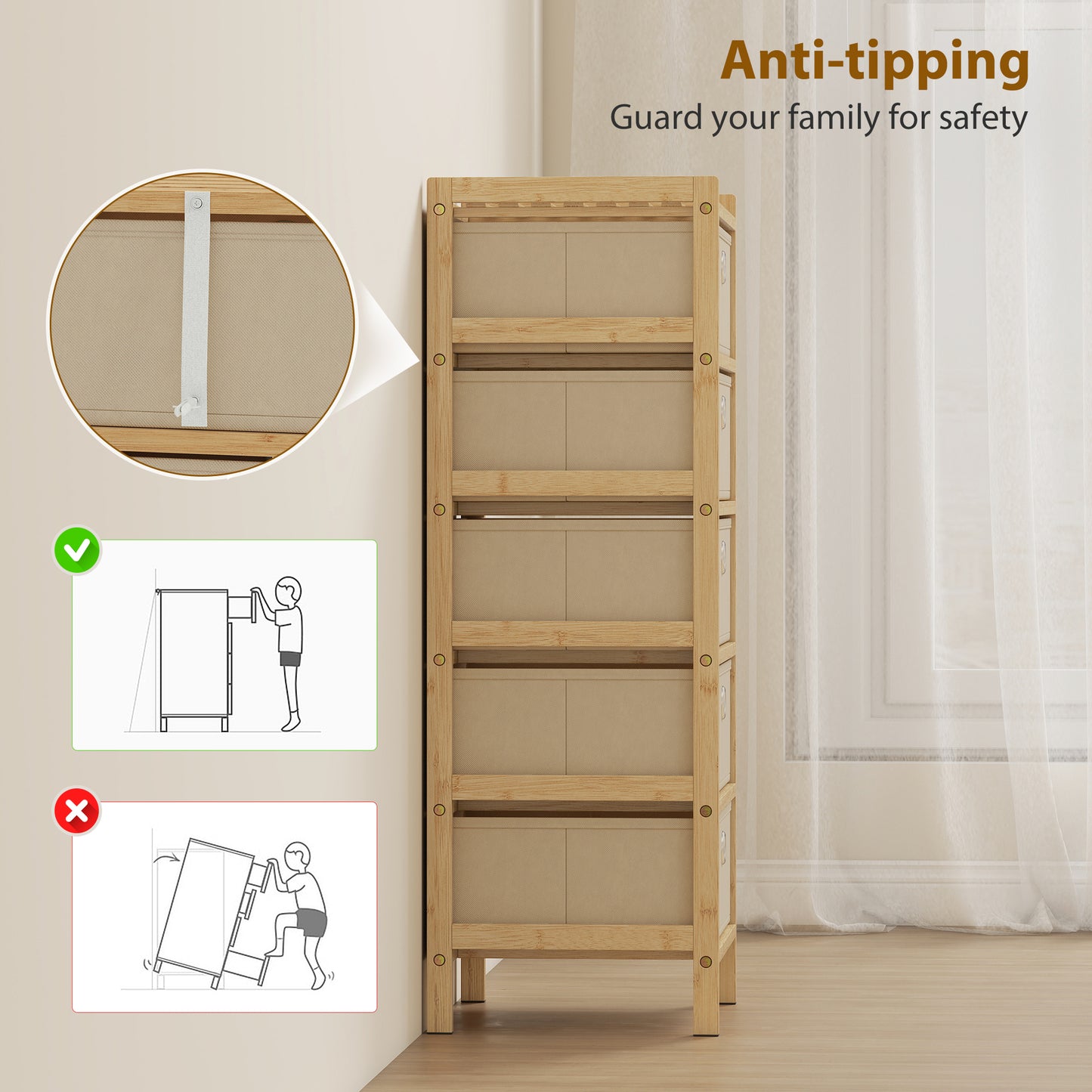 Chest of Drawers, 5 Drawers Dresser with Bamboo Frame, Cream White