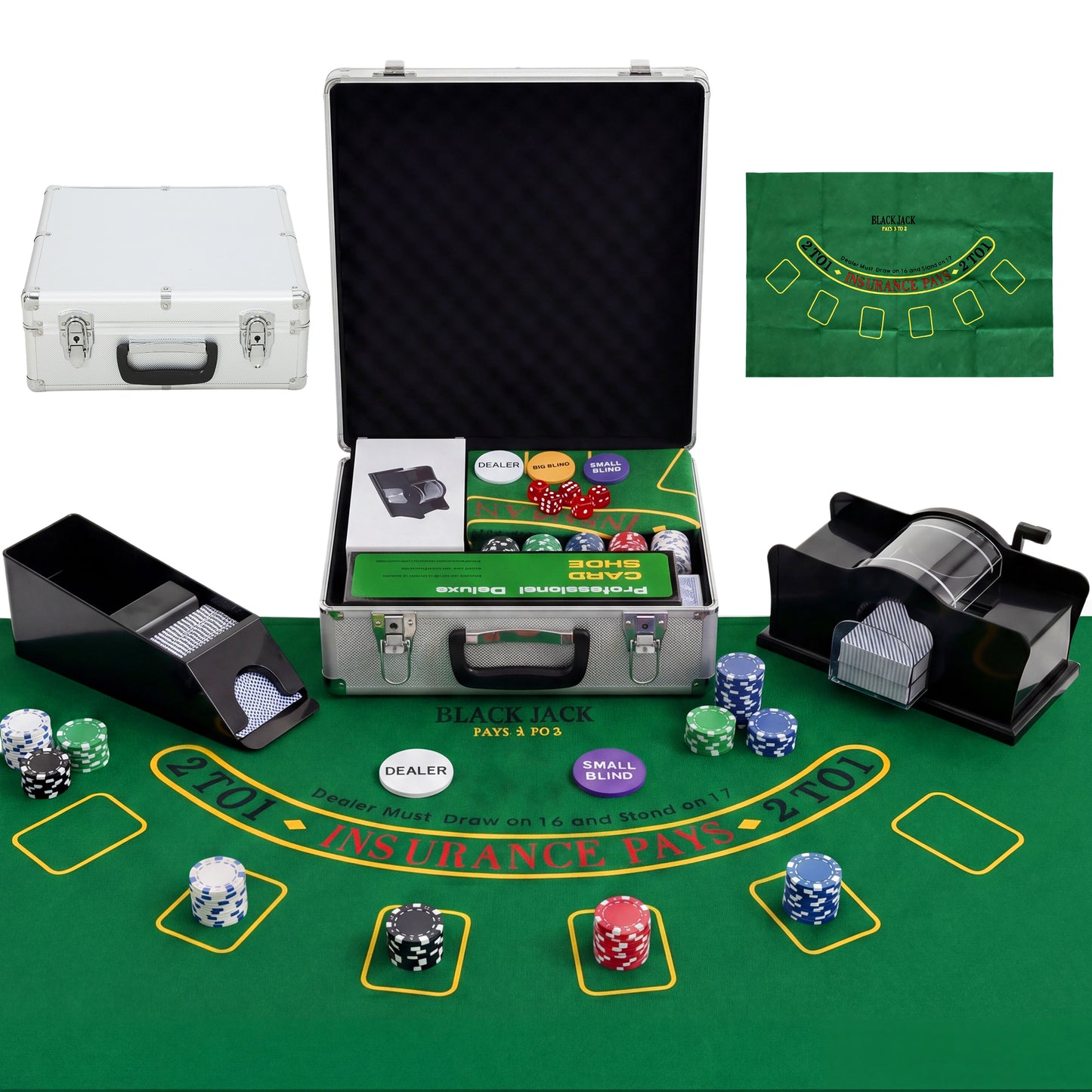 500-Piece Poker Chips Set with Card Shuffler, Card Shoe, ABS Case, Casino Texas Holdem Poker Set with Mat, 11.5g Poker Chips, Two Decks of Cards, Dealer, Blind Buttons, Five Dices, Silver