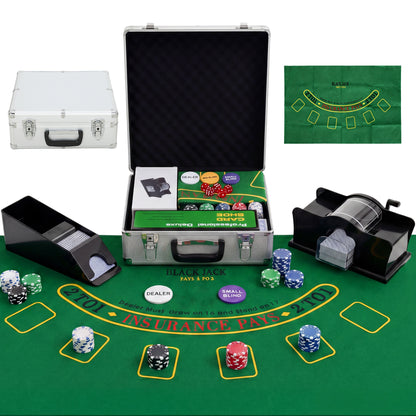 500-Piece Poker Chips Set with Card Shuffler, Card Shoe, ABS Case, Casino Texas Holdem Poker Set with Mat, 11.5g Poker Chips, Two Decks of Cards, Dealer, Blind Buttons, Five Dices, Silver