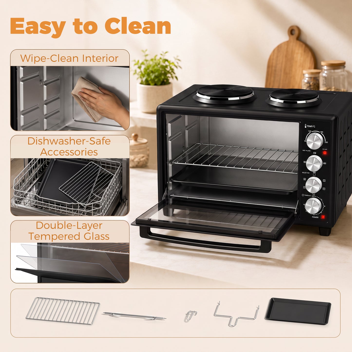 46L Mini Oven with Dual Hot Plates, Electric Countertop Cooker