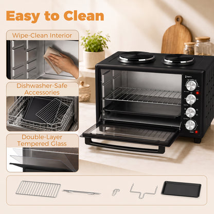 46L Mini Oven with Dual Hot Plates, Electric Countertop Cooker