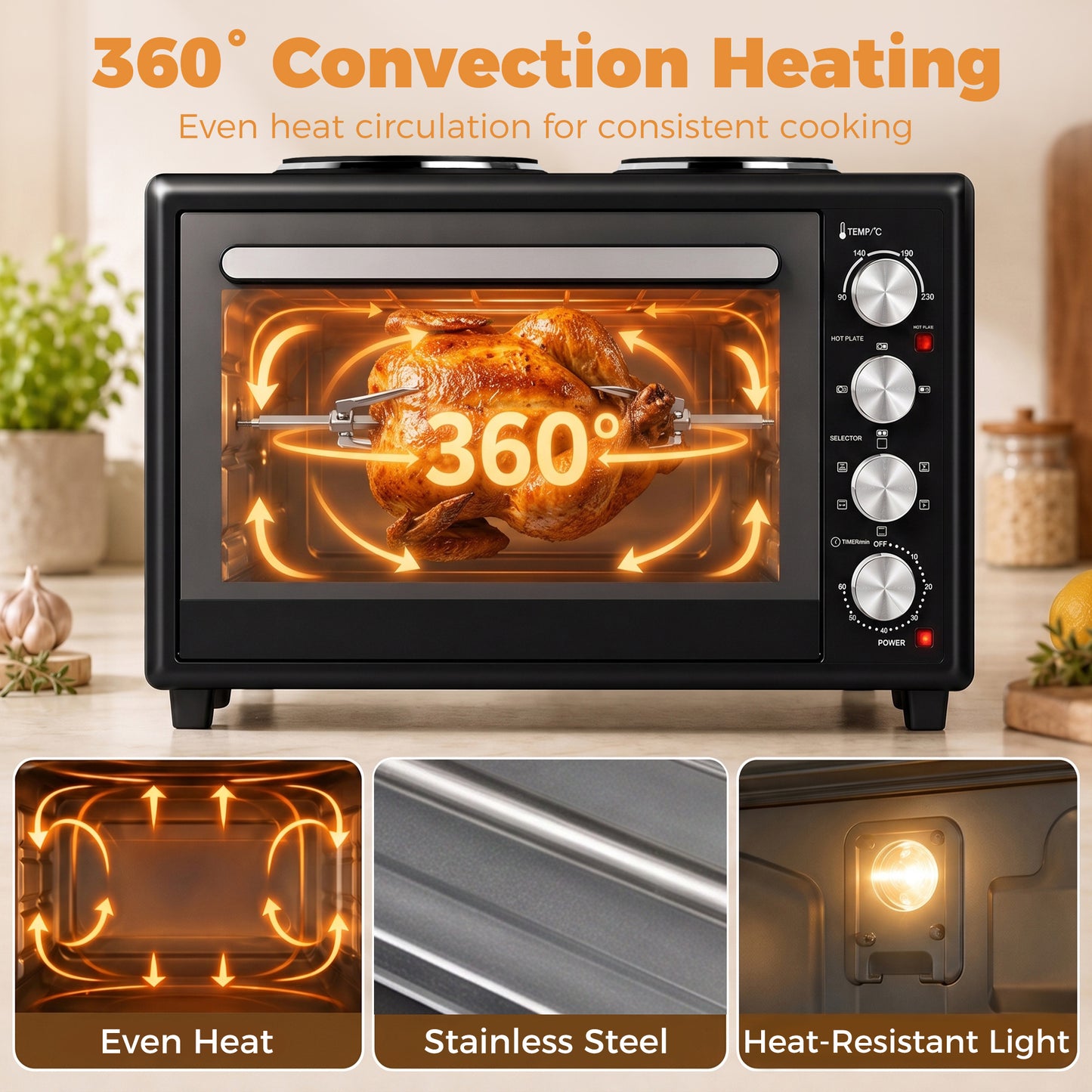 46L Mini Oven with Dual Hot Plates, Electric Countertop Cooker