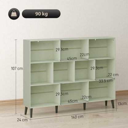 Bookshelf with 10 Cubbies, Book Shelf with Wood Legs, Light Green