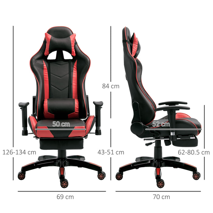 High-Back Gaming Chair Swivel Home Office Computer Racing Gamer Recliner Chair Faux Leather with Footrest, Wheels, Red Black