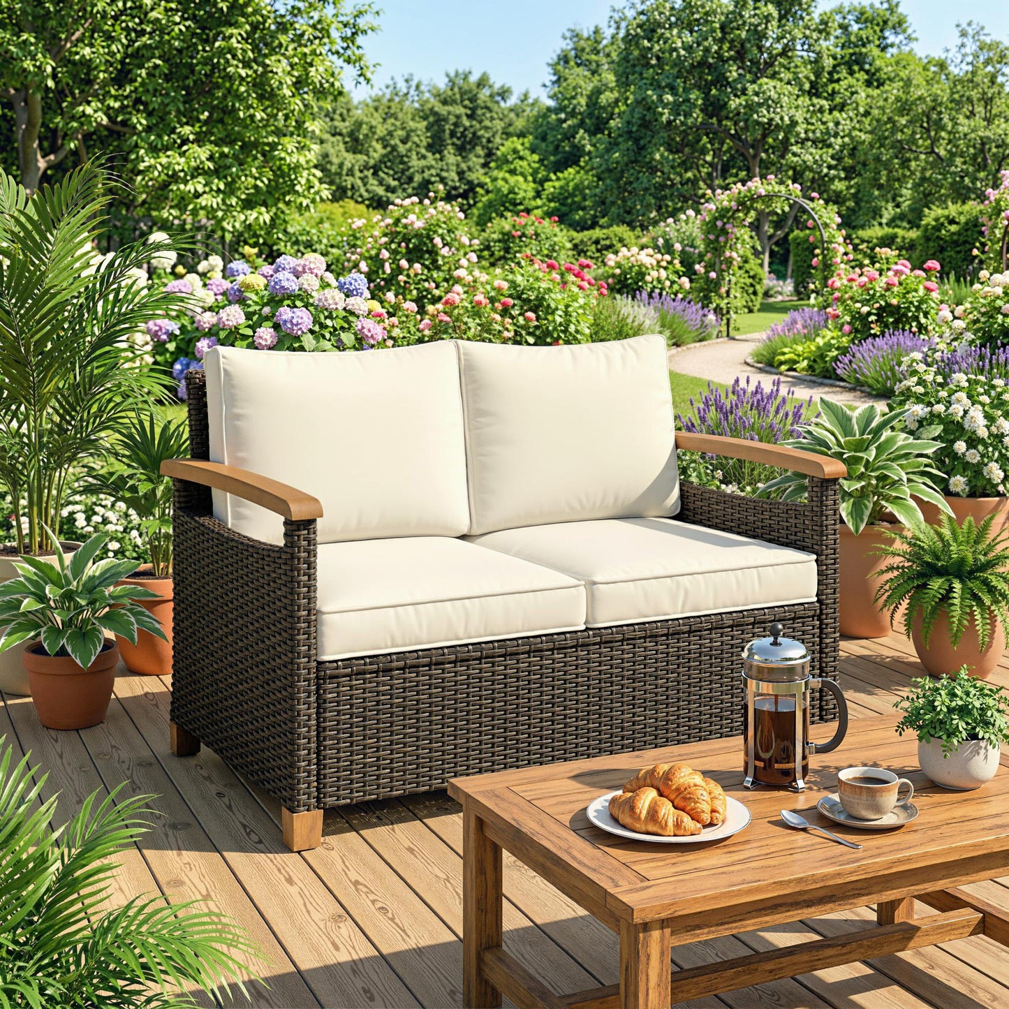 2 Seater Rattan Garden Sofa with Acacia Wood Armrests, Brown