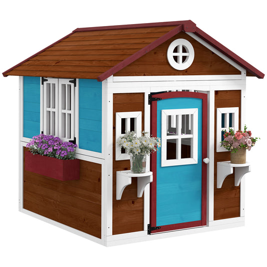 Wooden Playhouse with Doors, Wooden, Plant Pots for Kids - Dark Brown