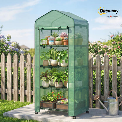 4 Tiers Mini Portable Greenhouse, Compact Plant Grow Shed with Metal Frame and PE Cover, Lockable Wheels, 165H x 69L x 50W cm, Green