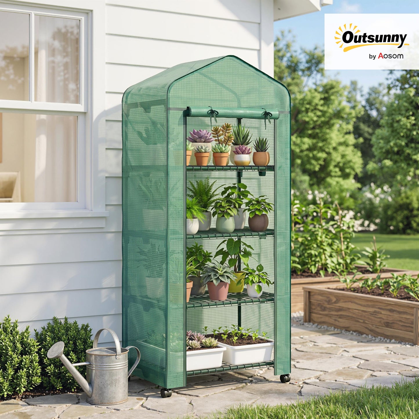 4 Tiers Mini Portable Greenhouse, Compact Plant Grow Shed with Metal Frame and PE Cover, Lockable Wheels, 165H x 69L x 50W cm, Green