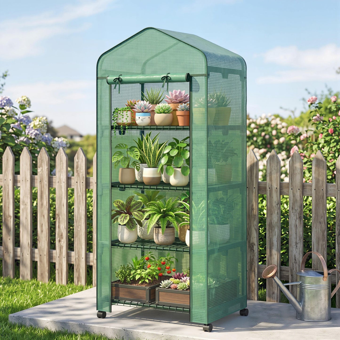 4 Tiers Mini Portable Greenhouse, Compact Plant Grow Shed with Metal Frame and PE Cover, Lockable Wheels, 165H x 69L x 50W cm, Green