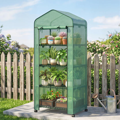 4 Tiers Mini Portable Greenhouse, Compact Plant Grow Shed with Metal Frame and PE Cover, Lockable Wheels, 165H x 69L x 50W cm, Green