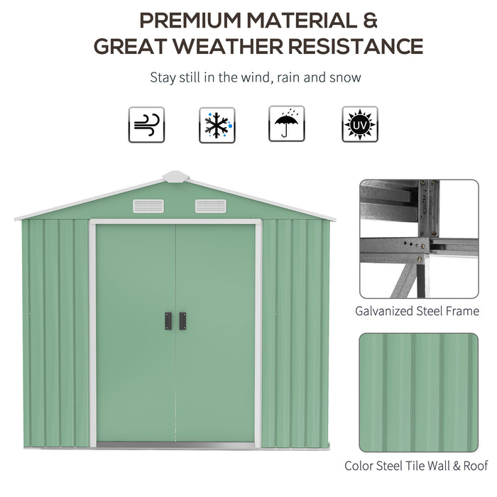 7ft x 4ft Lockable Garden Metal Storage Shed Large Patio Roofed Tool Storage Building Foundation Sheds Box Outdoor Furniture, Green