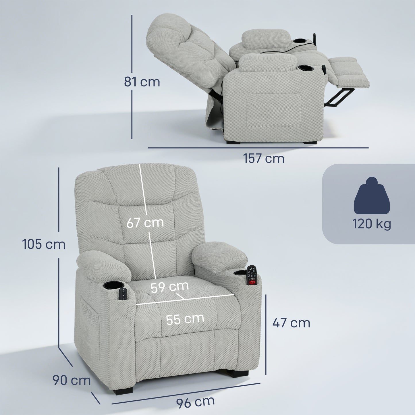 Electric Massage Recliner Armchair with Heat, Reclining Chair, Grey