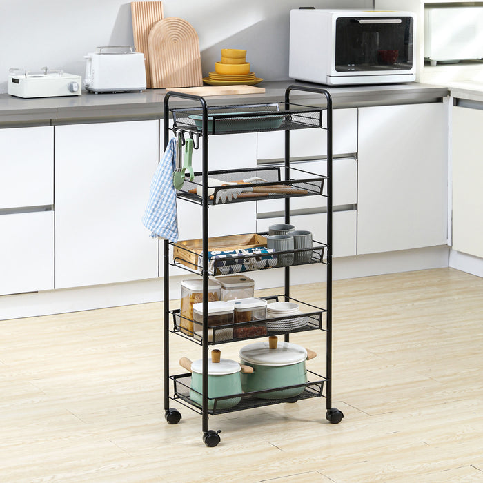 5 Tier Utility Rolling Cart with Removable Mesh Baskets, Black