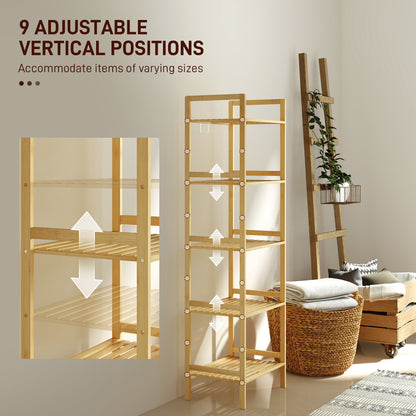 5-Tier Bamboo Bathroom Storage Shelf with Adjustable Rack, Natural