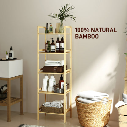 5-Tier Bamboo Bathroom Storage Shelf with Adjustable Rack, Natural