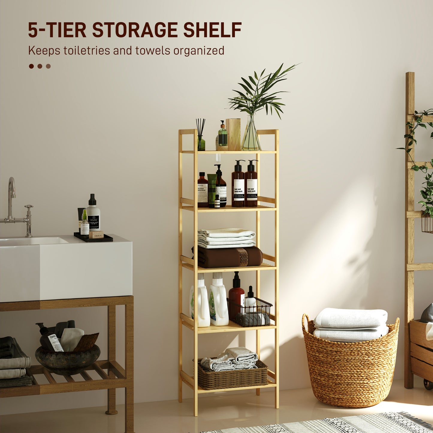 5-Tier Bamboo Bathroom Storage Shelf with Adjustable Rack, Natural