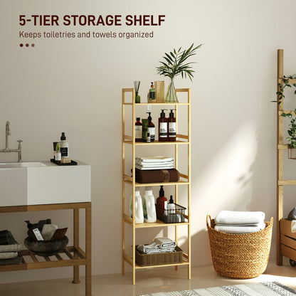 5-Tier Bamboo Bathroom Storage Shelf with Adjustable Rack, Natural