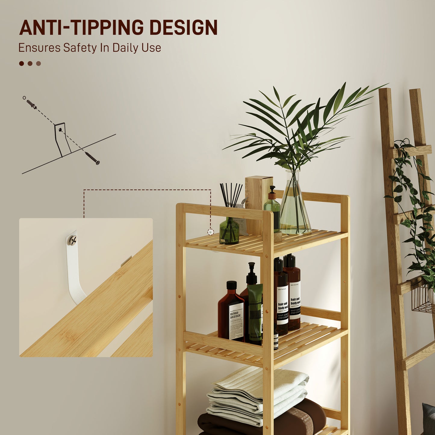 5-Tier Bamboo Bathroom Storage Shelf with Adjustable Rack, Natural