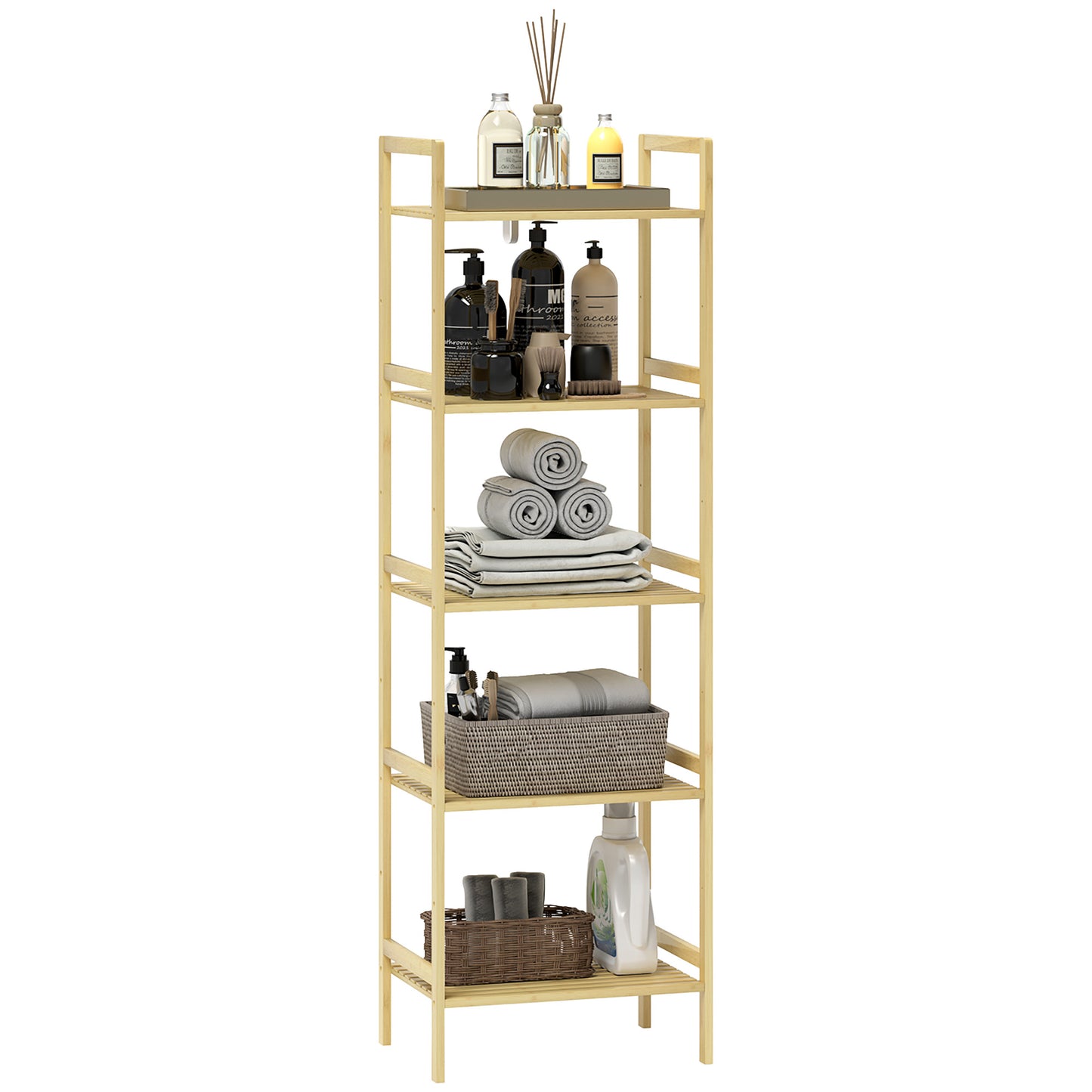 5-Tier Bamboo Bathroom Storage Shelf with Adjustable Rack, Natural