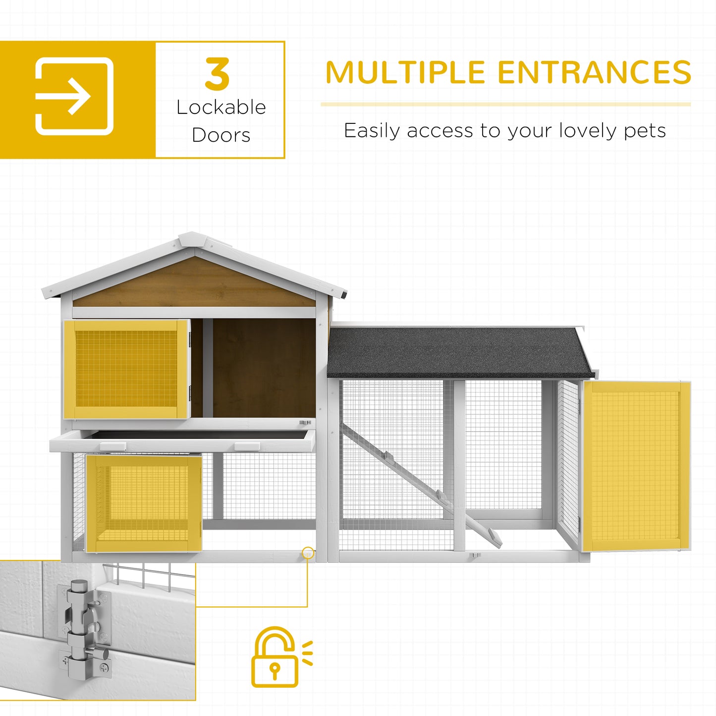 Rabbit Hutch, Guinea Pig Hutch Outdoor Double Tier w/ Ramp, Yellow