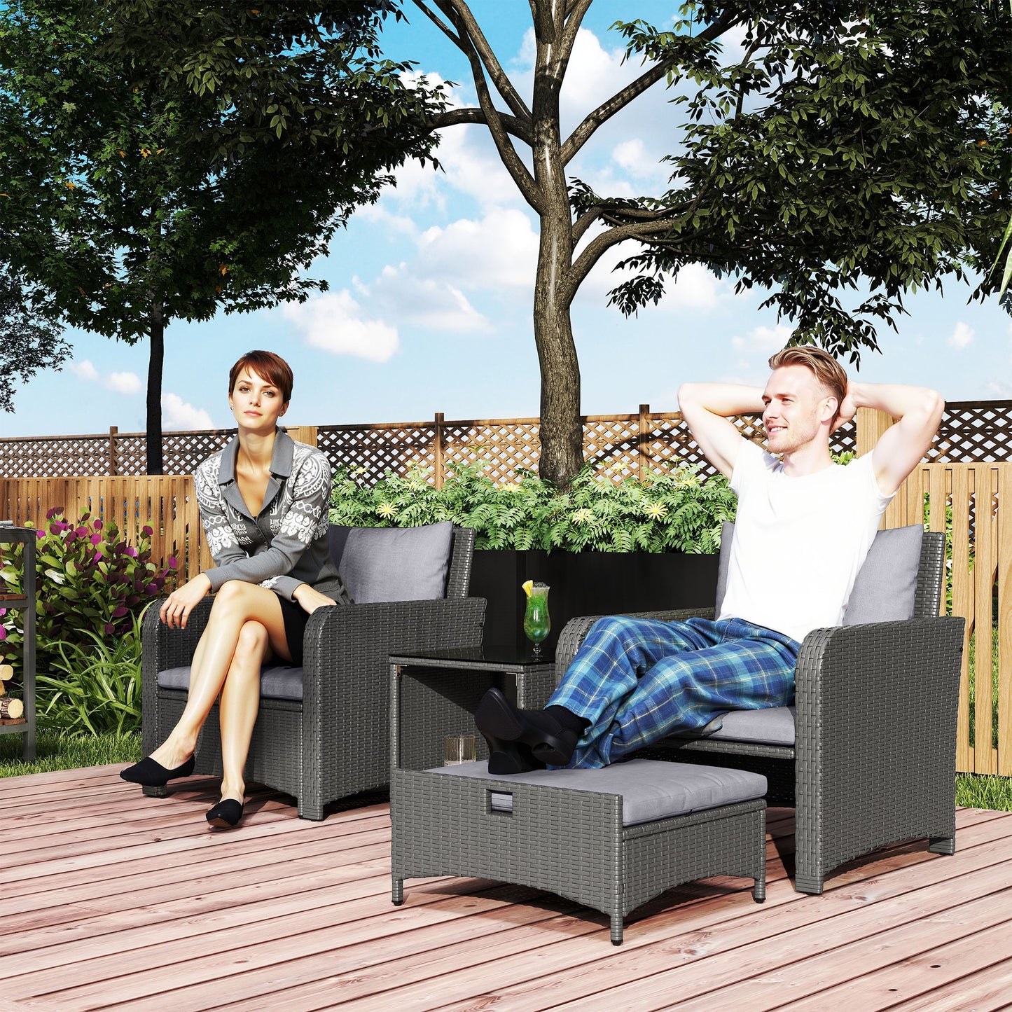 Wicker Patio Conversation Set with 2 Armchairs and 6 Cushions Grey