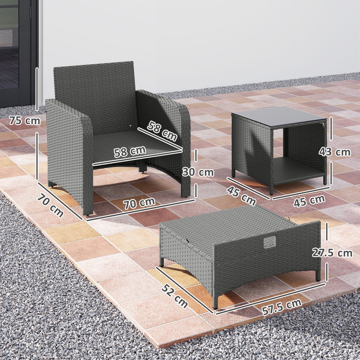 Wicker Patio Conversation Set with 2 Armchairs and 6 Cushions Grey