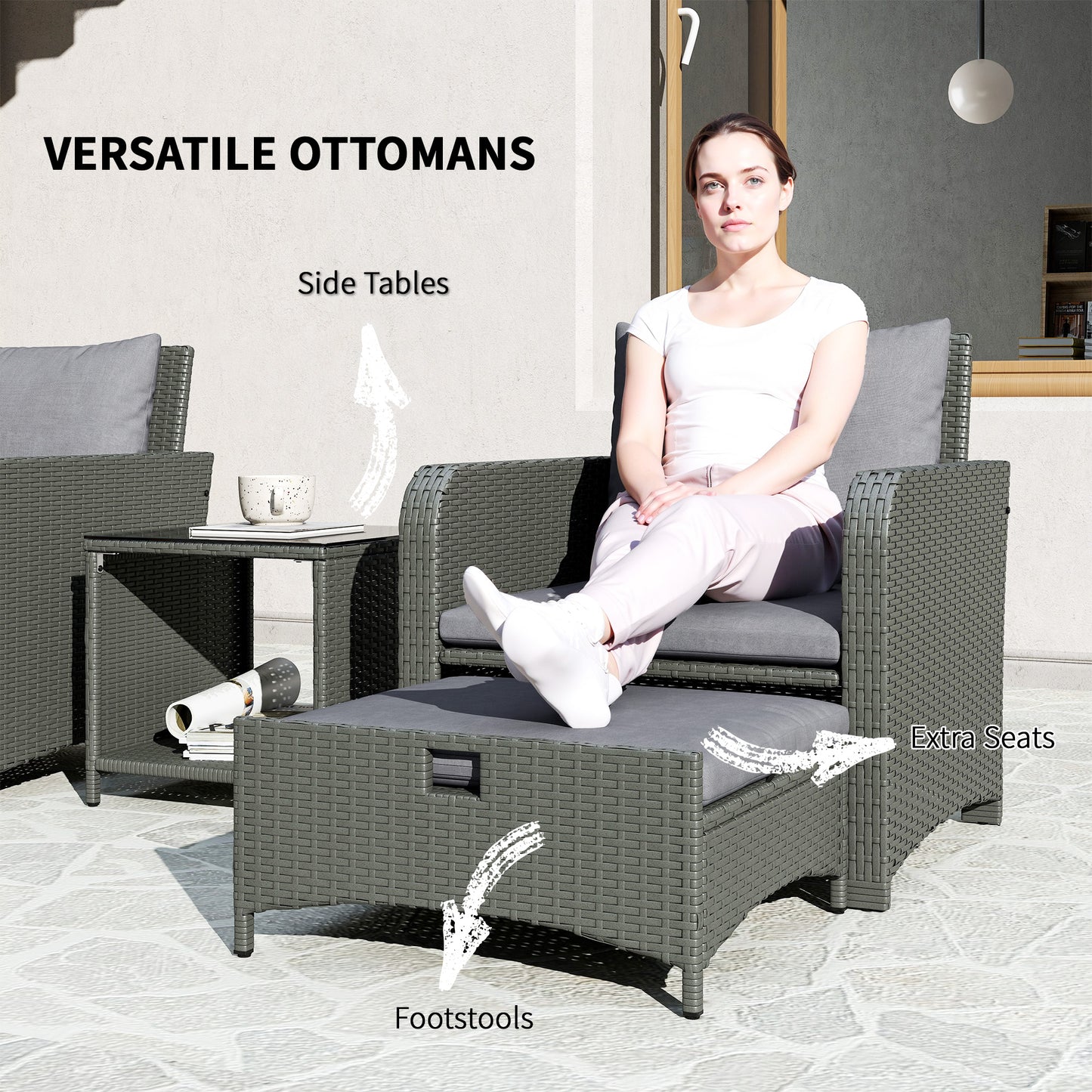 Wicker Patio Conversation Set with 2 Armchairs and 6 Cushions Grey