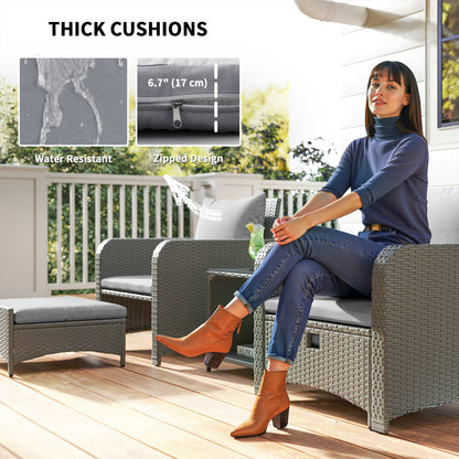 Wicker Patio Conversation Set with 2 Armchairs and 6 Cushions Grey