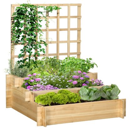 3 Tier Garden Planters with Trellis for Vine Climbing, Wooden Raised Beds, 95x95x110cm, Natural Tone