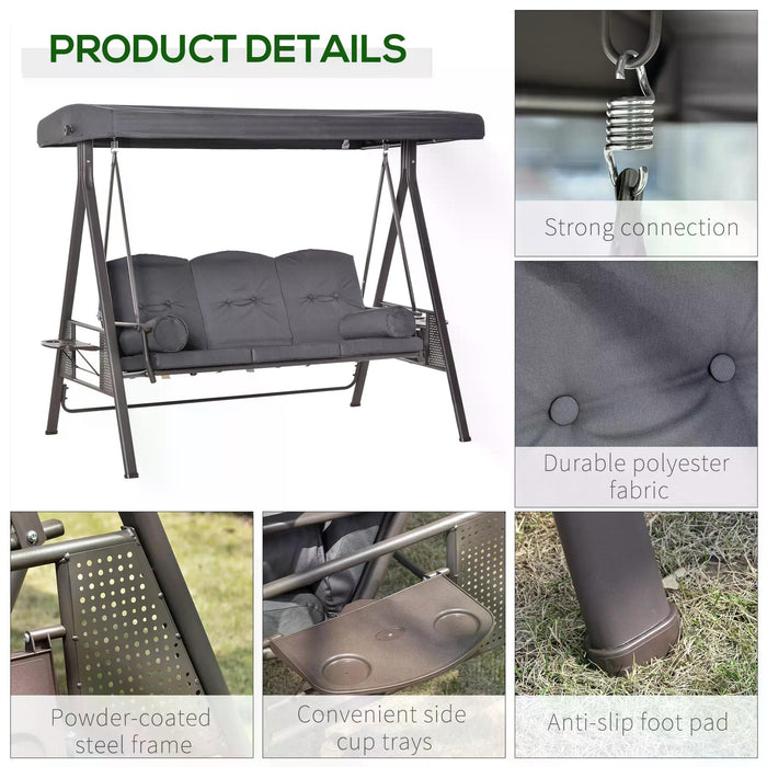 3 Seater Garden Swing Chair Outdoor Hammock Bench w/ Adjustable Canopy, Cushions and Cup Trays, Steel Frame, Grey