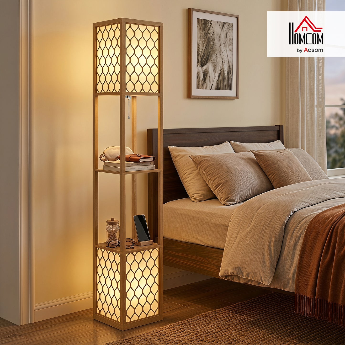 2-Light Modern Floor Lamp w/ Shelves, Bedroom, Natural Wood Finish
