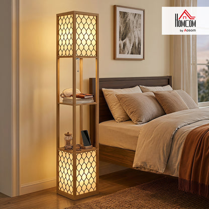 2-Light Modern Floor Lamp w/ Shelves, Bedroom, Natural Wood Finish