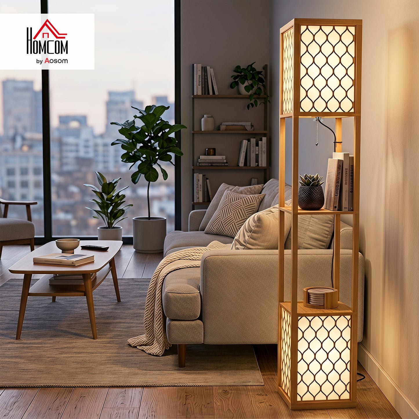 2-Light Modern Floor Lamp w/ Shelves, Bedroom, Natural Wood Finish
