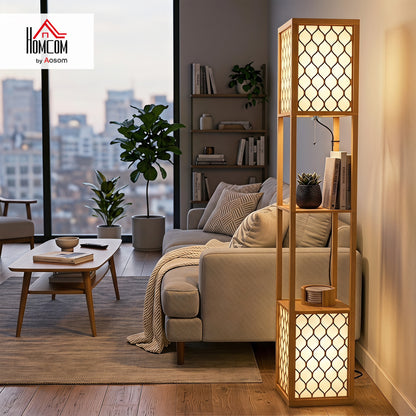 2-Light Modern Floor Lamp w/ Shelves, Bedroom, Natural Wood Finish