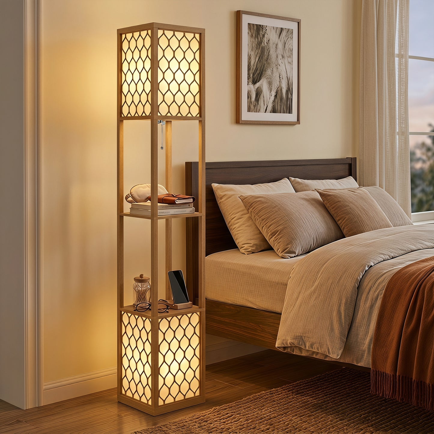 2-Light Modern Floor Lamp w/ Shelves, Bedroom, Natural Wood Finish