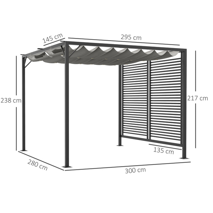 3 x 2.8m Metal Pergola, with Retractable Fabric Roof - Grey