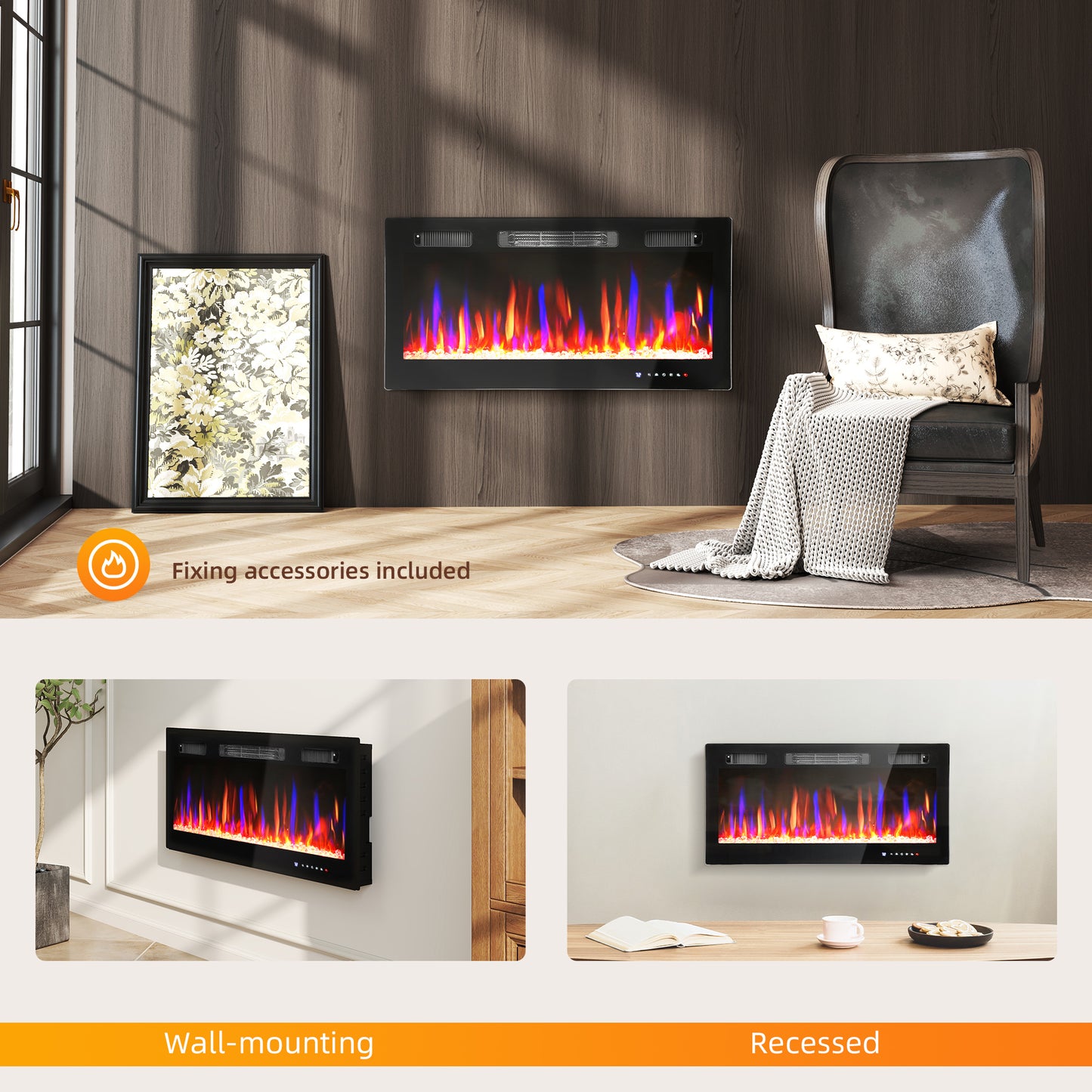 36" Wall Electric Fireplace, Slim Electric Fire, 1800W, Black