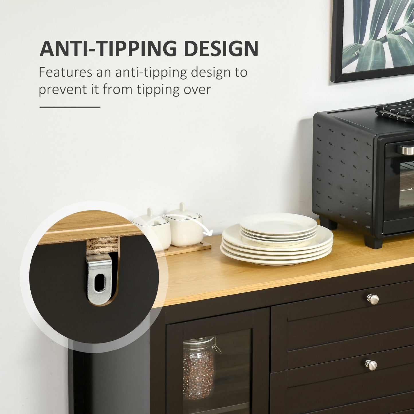 Modern Storage Cabinet with 4 Doors and 2 Drawers, Black Brown