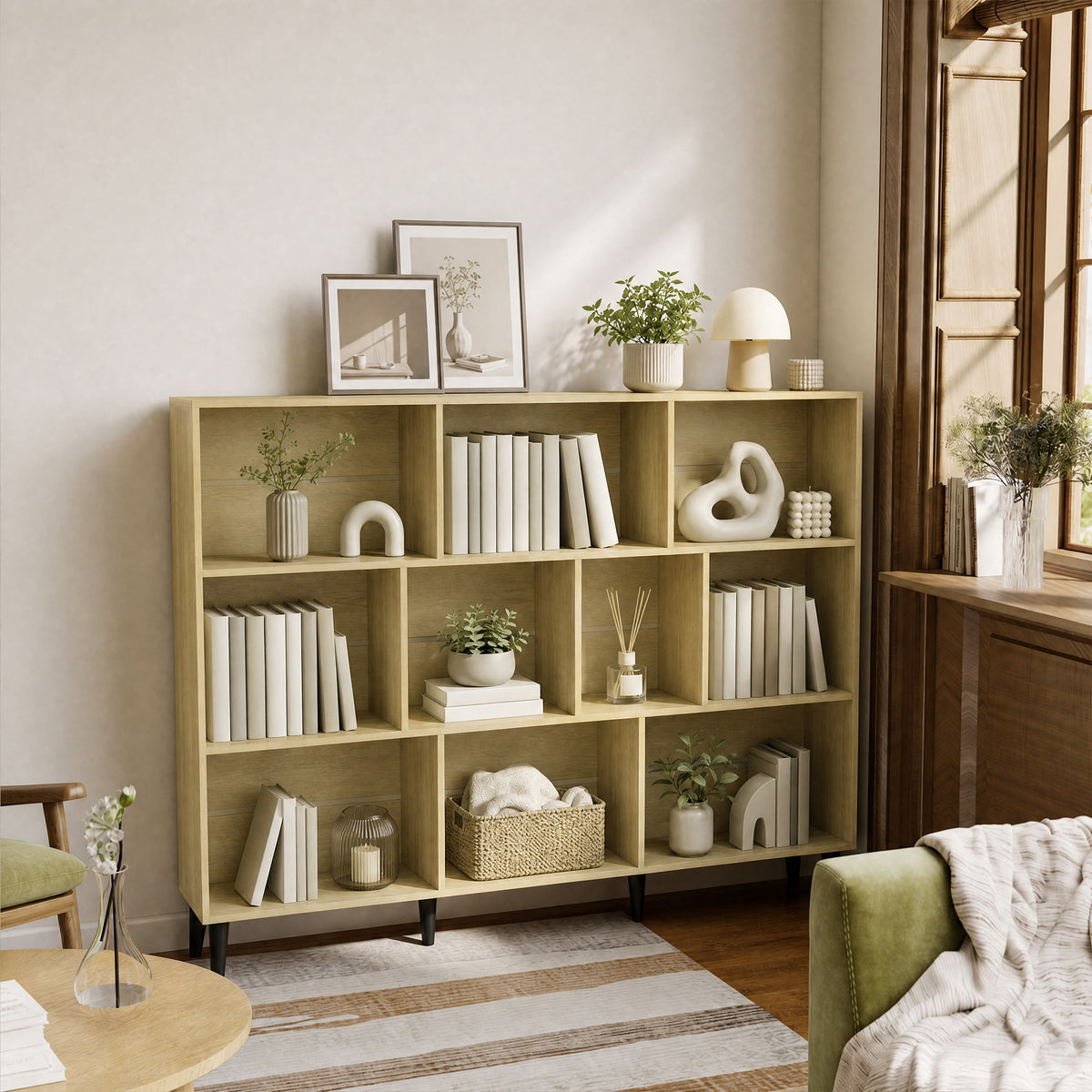 3-Tier Bookshelf with 10 Cubbies, Book Shelf with Wood Legs, Oak