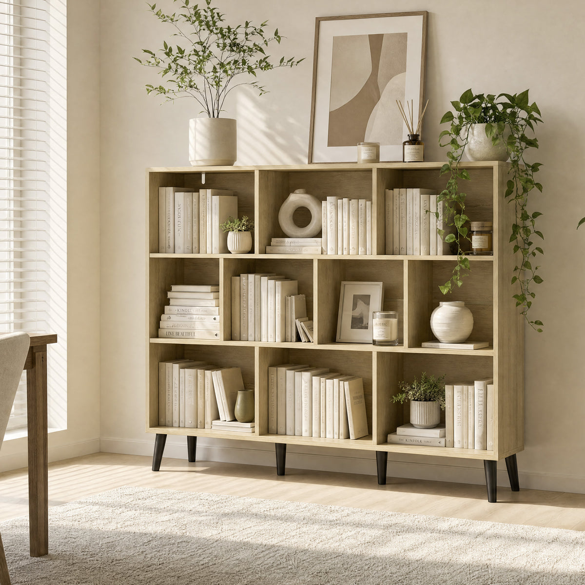 3-Tier Bookshelf with 10 Cubbies, Book Shelf with Wood Legs, Oak