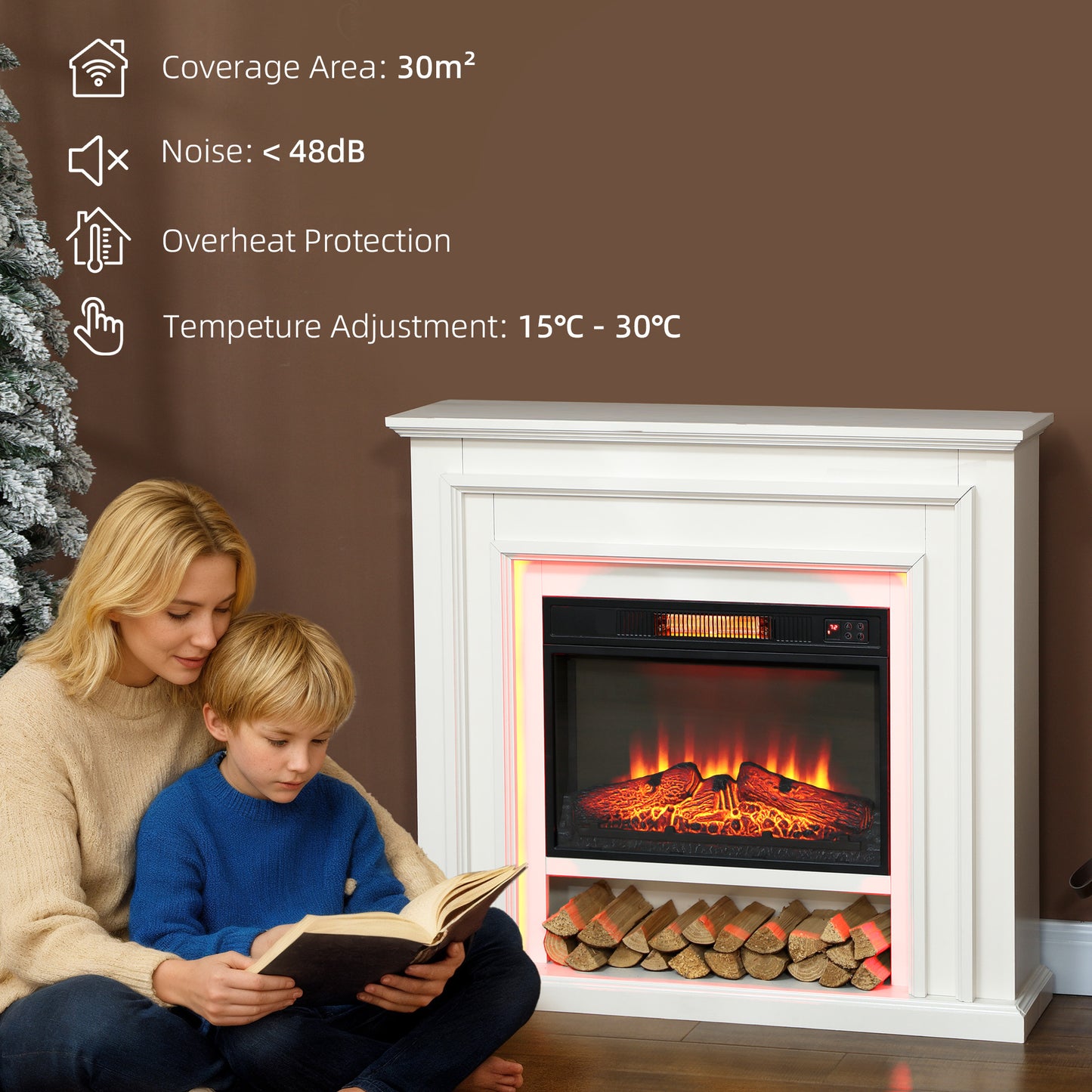 Electric Fireplace with Surround, LED Lights, 38" 1800W Inset Electric Fire and Mantel Reach up to 30 m² with Realistic Flame Effect