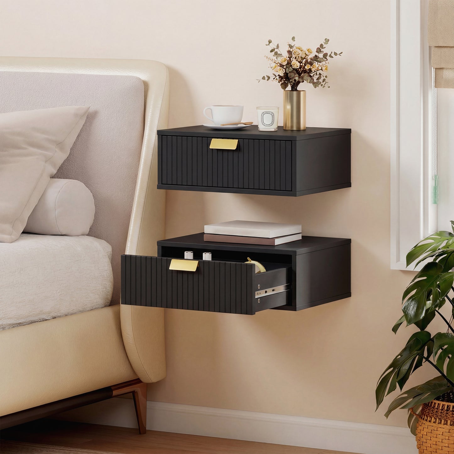 Floating Nightstands Set of 2 Bedside Tables w/ Wave Drawer Black