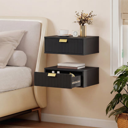 Floating Nightstands Set of 2 Bedside Tables w/ Wave Drawer Black