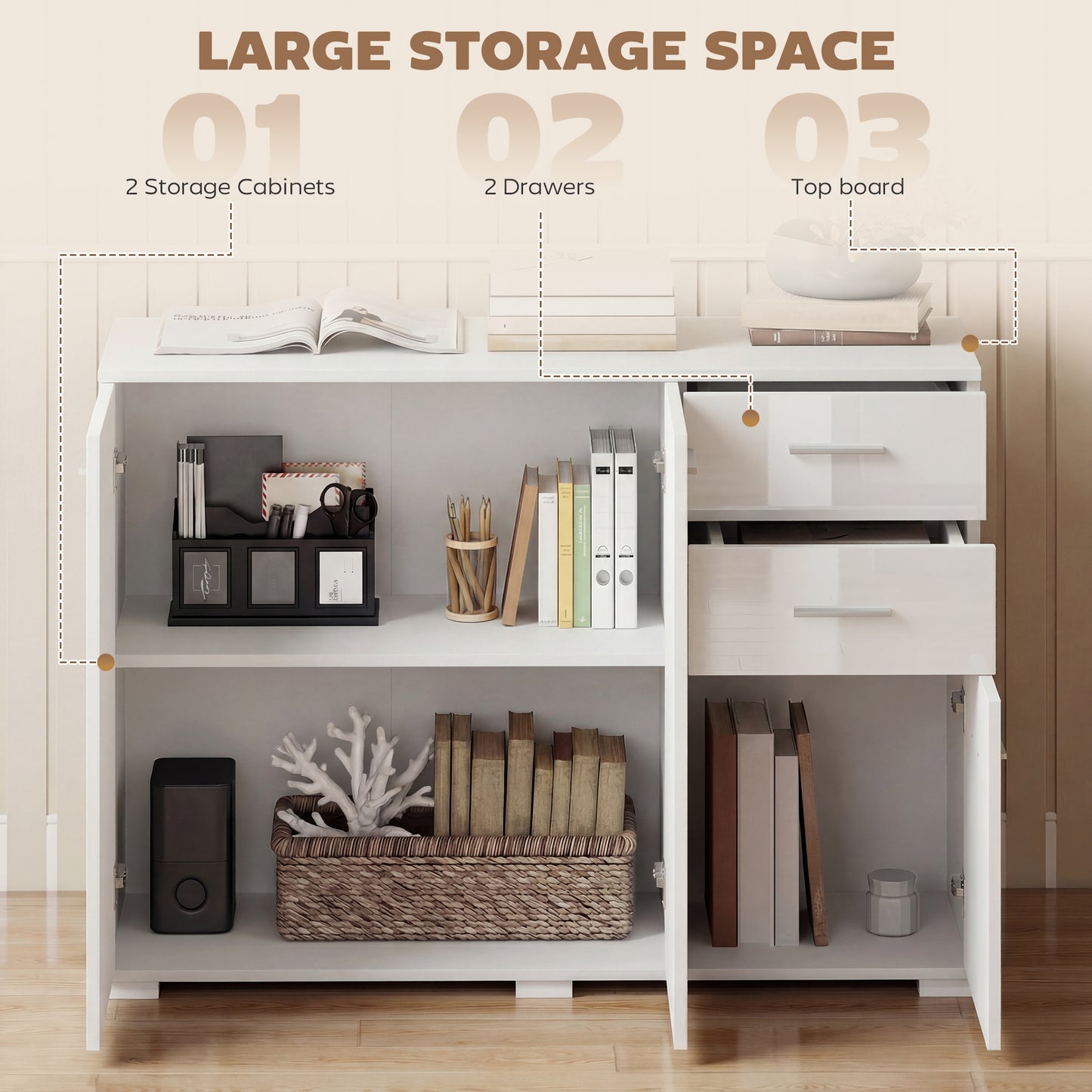 Modern Sideboard Kitchen Storage Cabinet, High Gloss White