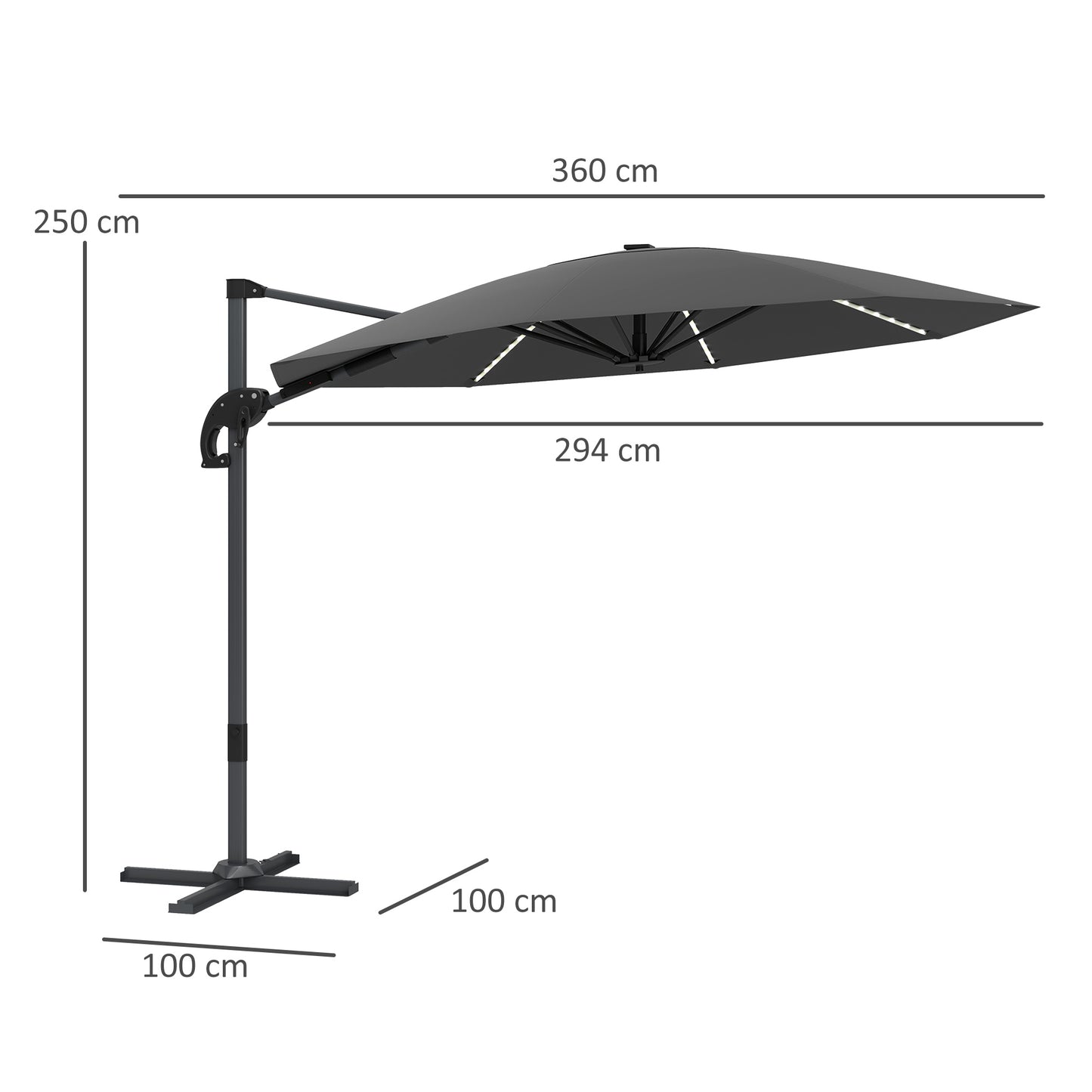 3(m) Garden Parasol w/ Lights, Crank Handle & Cross Base, Dark Grey