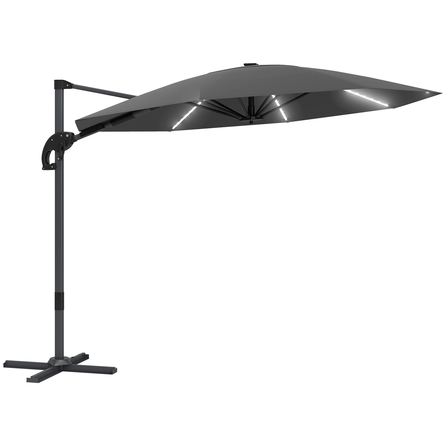 3(m) Garden Parasol w/ Lights, Crank Handle & Cross Base, Dark Grey